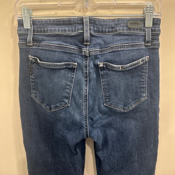 Paige Colette Mid-Rise Crop Flare Jeans Palma Dark Blue Asym Surplice Fray Hem - Picture 6 of 8